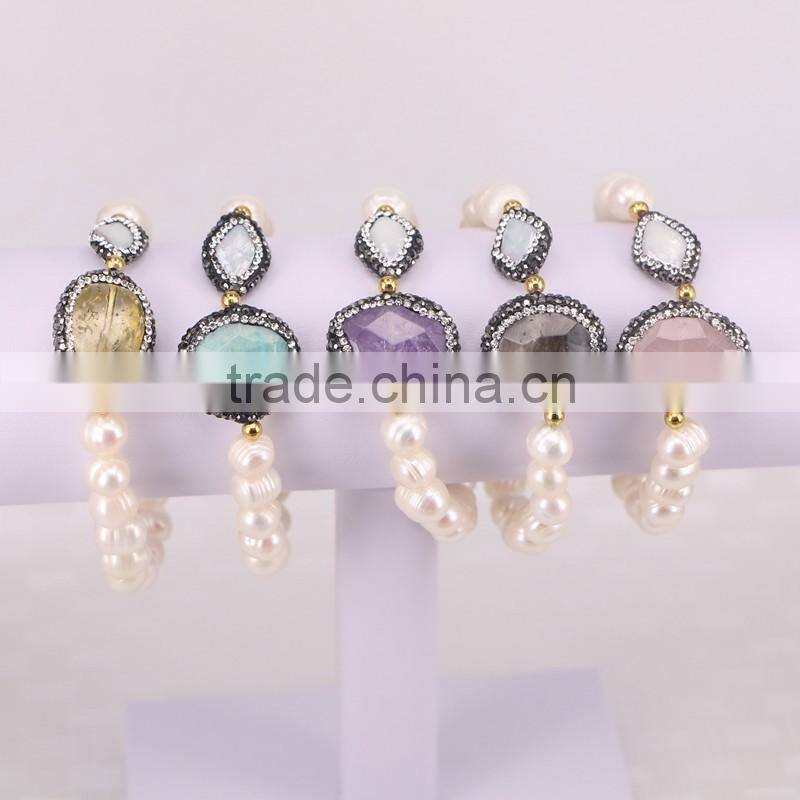 Freshwater Pearl Beads with Rhinestone Crystal Gemstone Connector Spacer Beads Bracelets, Pearl Jewelry Druzy Bracelet