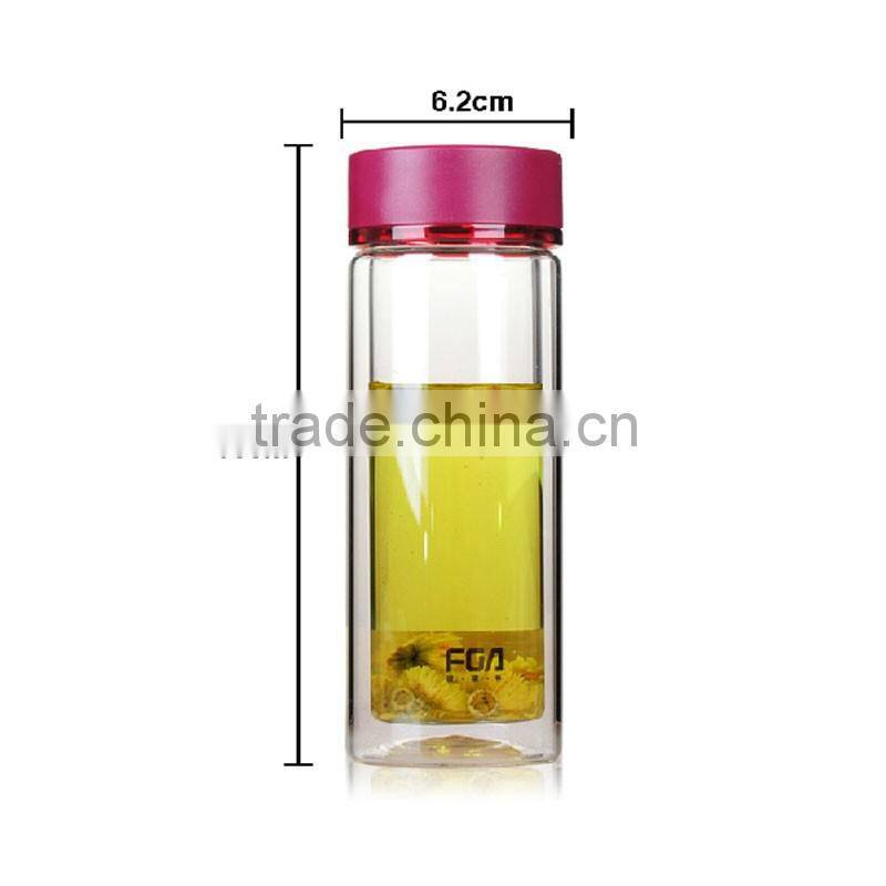 Hot Sale Double Wall Insulated Tea Glass Bottle Three Color Tea Cup Water Bottle