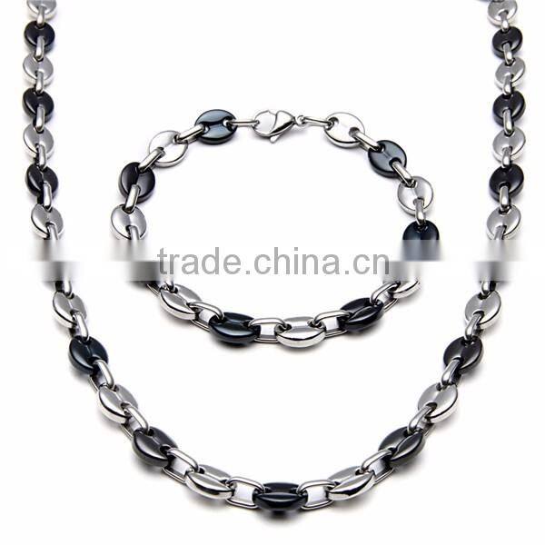 Yiwu Factory Stainless Steel Mens Jewelry Sets Two Tone Chain Necklace Black Vintage Bracelet