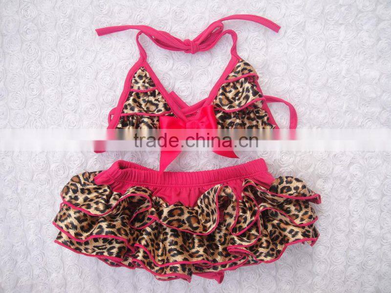 Satin leopard children girls swimwear hot selling satin two piece bikini set for girls