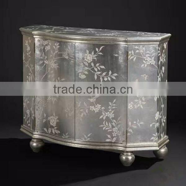 Elegant Silver Painting Wooden Console Cabinet,Vintage Style Carved Wooden Sideboard, Classical Storage Cabinet For Living Room