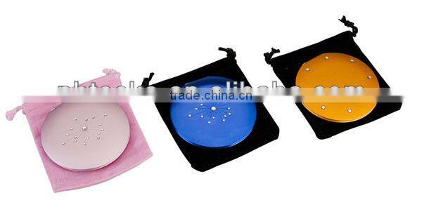Folding round shape bling rhinestone makeup mirror with pouch