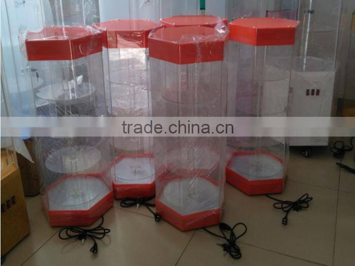 2017 Hexagon Roating Clear Acrylic watch table Display box Stand Holder case with LED and lock