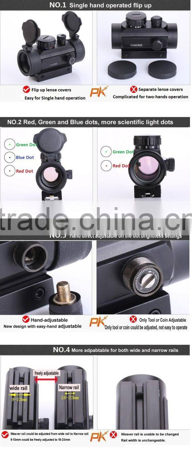 Erains TAC Optics New Airsoft tactical Dual Rails Fitting Combat 1x40 red green and blue aiming dots tactical red dot sight