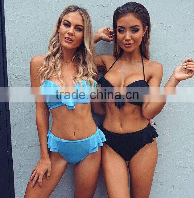 2016 hot lotus leaf lace fission bikini pure color sexy swimsuit suit