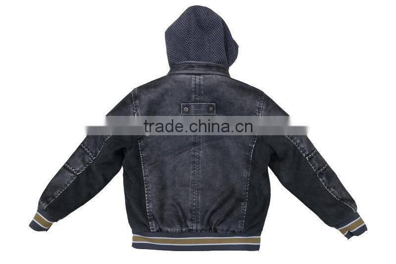 Newest fashion kids black leather jacket with hood