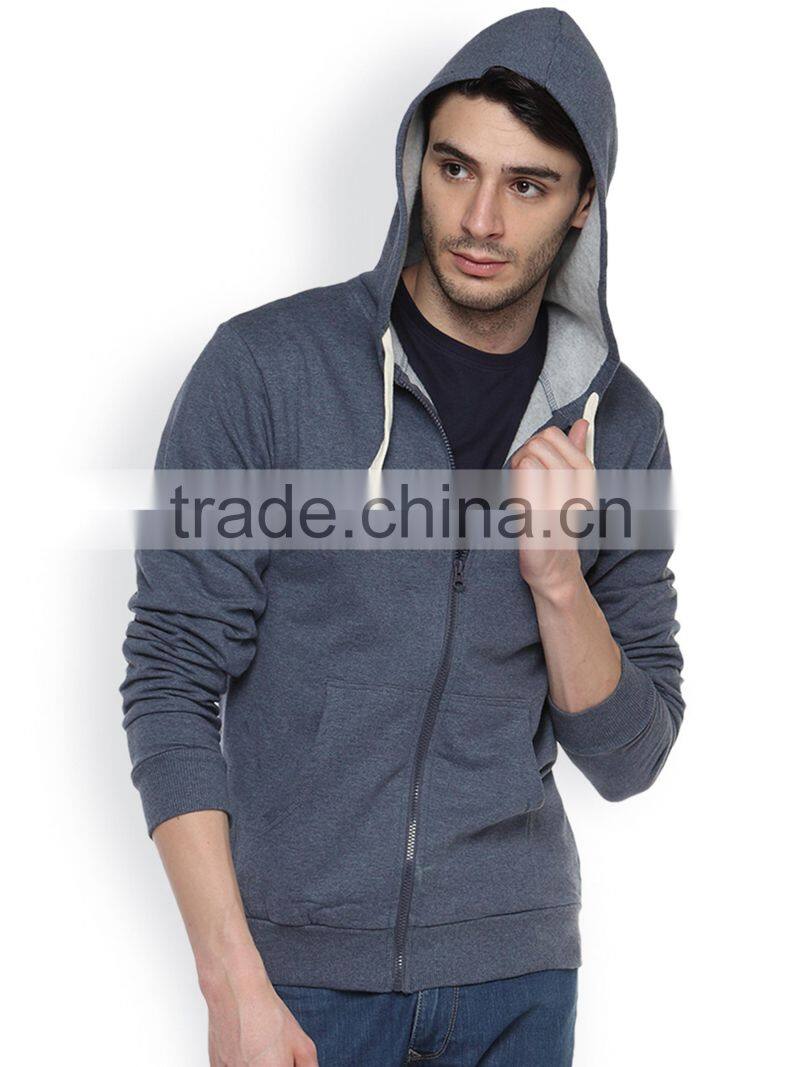 Blue Denim Hooded Mens Sweatshirt Customizable Attached Hood With Drawstrings Hoody Long Sleeves Slant Pockets Sweaters Custom