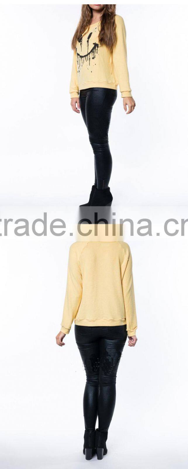 Custom comfortable women smiling face printed loose fit sweatshirt with long sleeve