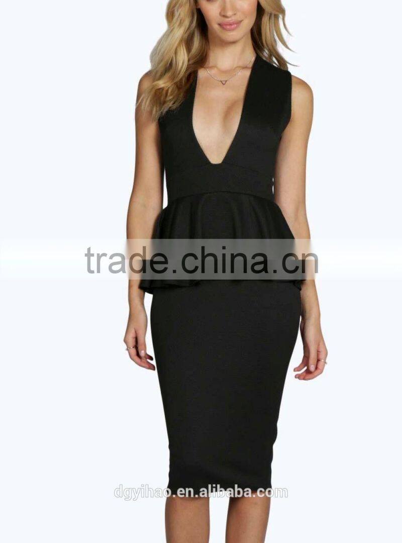 Yihao OEM factory 2016 women new summer latest designs V Neck Midi Peplum Dress fashion for ladies