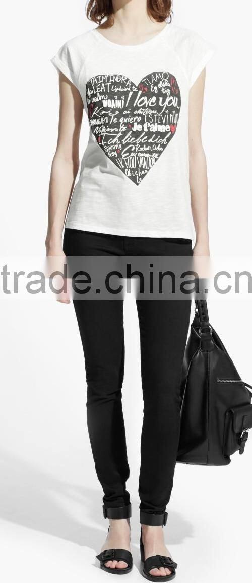 Sweet Teen Girls Heart Print Rolled-up Sleeves White Korean Fashion Cotton T Shirt