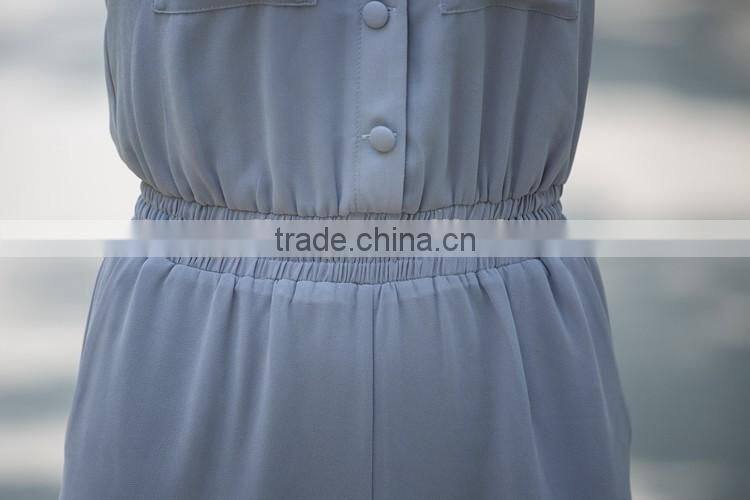 grey chiffon button-up jumpsuit dress pants with elastic band