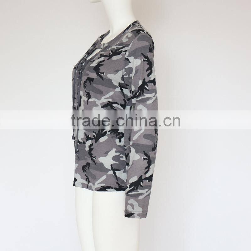 Women's hollow-out deep V-neck long sleeve camo t shirt