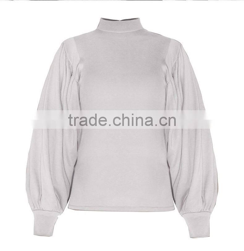 Women's OL slim fit high collar lantern sleeve long sleeve gray t shirt