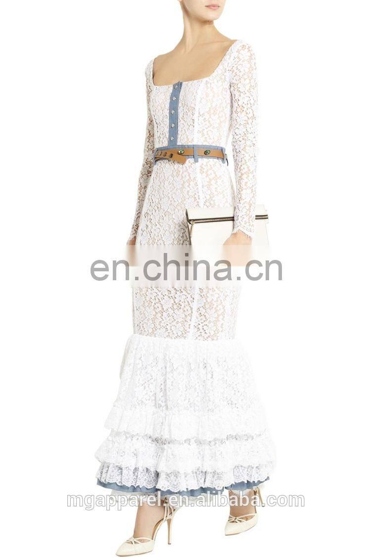 latest design formal evening gown chambray-trimmed long sleeve lace evening gown dresses