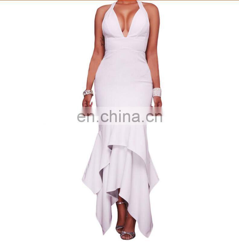 2017 New In Cross Stripe Back Sexy Double Layers Ruffle Waist Band White Maxi Dress