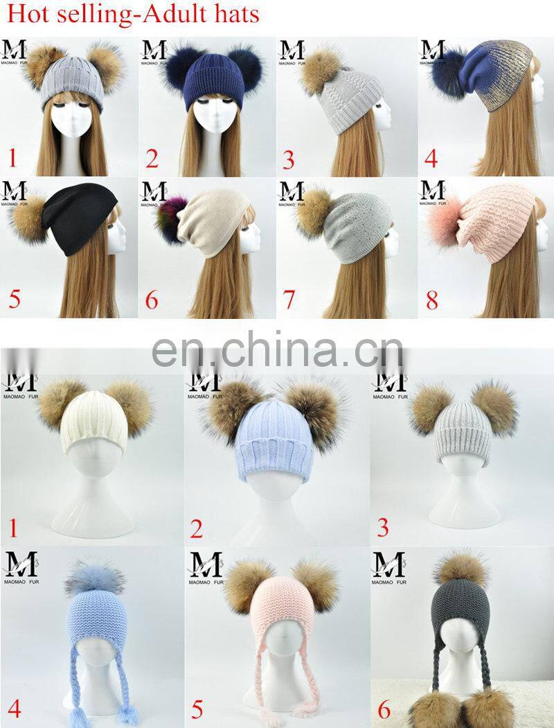 Wholesale New Fashion Hat with Raccoon Fur Ball Hand Knitted Baby Hat