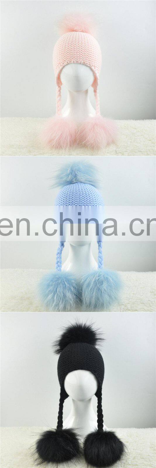 Brand Cute Baby Crochet Hats and Caps with Two Real Raccoon Fur Balls Top Color Matching Hat