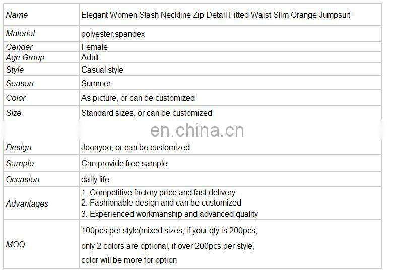 Elegant Women Slash Neckline Zip Detail Fitted Waist Slim Orange Jumpsuit