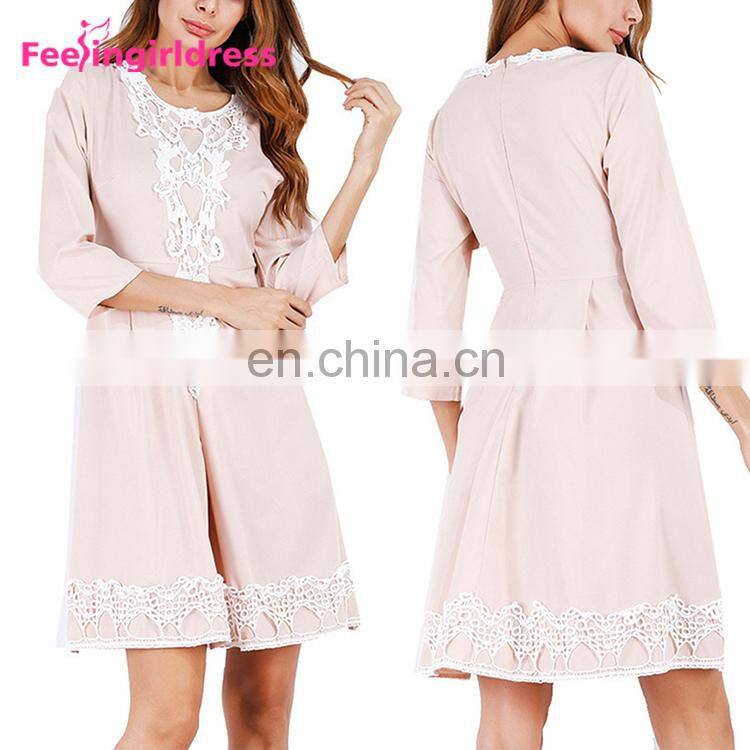 Latest Design Pink Long Sleeve Knee Length One Piece Dresses For Fat Girls