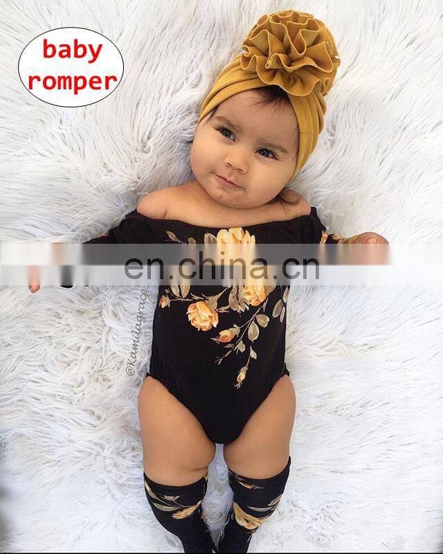 Baby Black Romper with flower Newborn Toddler long sleeve bodysuit 4Size for 0-2Y