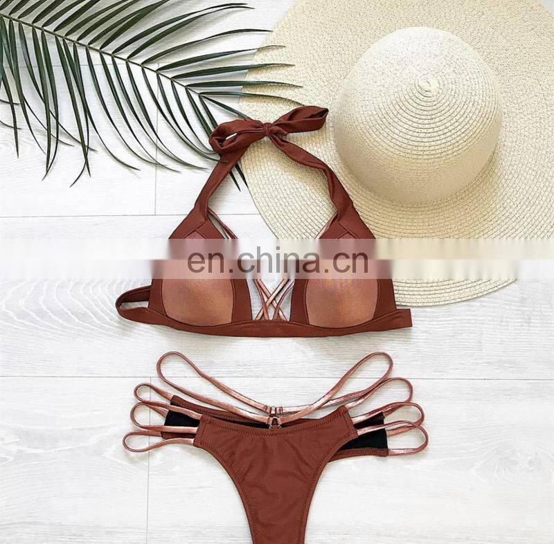2019 Sexy Bikini Red Swimwear Push Up Swimsuit Women Halter Biquini Padded Bathing Suit Gold Stamping Brazilian Bikini Set Thong