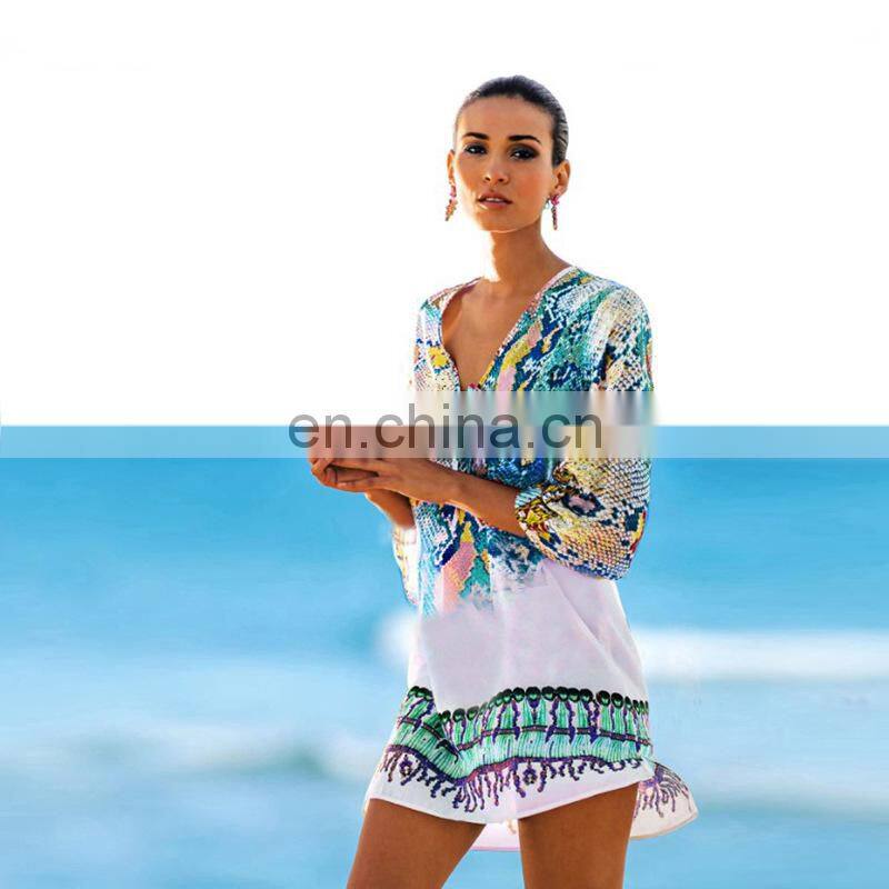 Bathing suit cover ups Kaftan Beach 2019 Beach tunic Beach Cover up Print Snake Robe de Plage Swimwear
