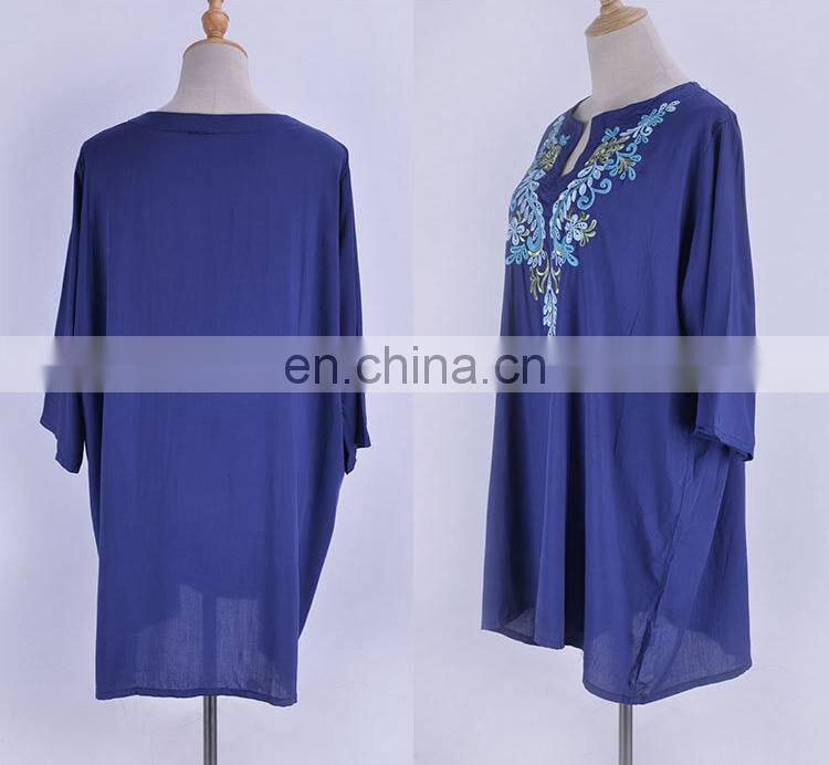 Dark Blue Bohemian Embroidered Three Quarter Sleeve Short Summer Beach Dress Cotton Tunic Women Beachwear Sarong plage