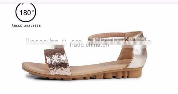 2016 new design shiny sequined pailette flat real leather sandals shoes for summer and beach with oxford sole