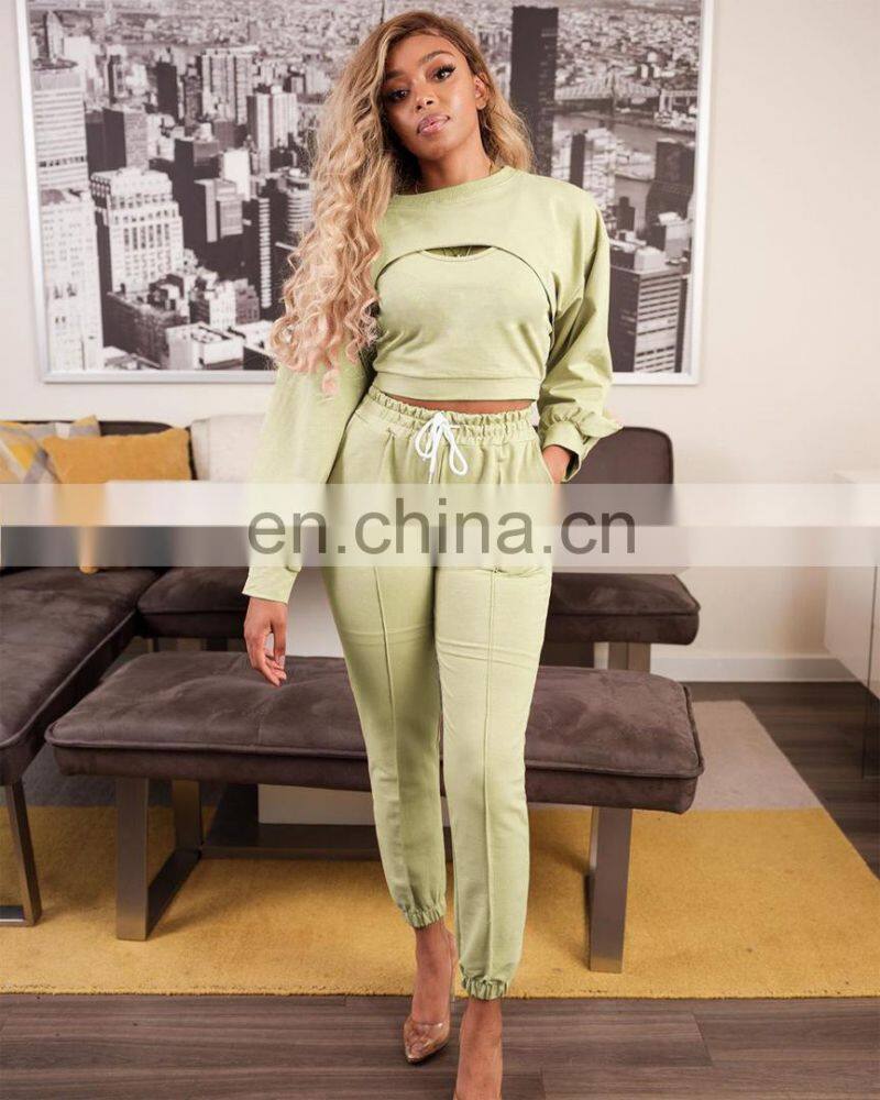 New Products 2021 Ladies Long Sleeve Bodysuit Jumpsuit 3 Piece Set Ladies Stacking Jogging Set