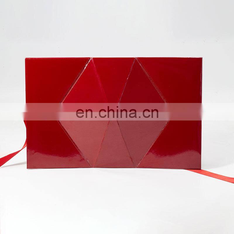 Custom brand logo printing creative red foldable triangle rigid cosmetic gift packaging box with ribbon bow