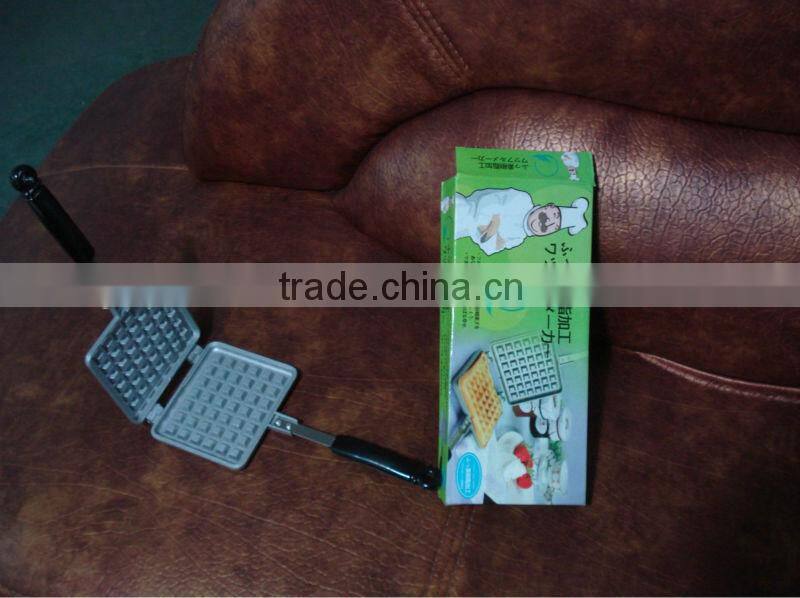 non stick aluminum die cast baking waffle baker pan on camp fire gas oven