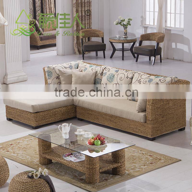 Nice Design Hand Woven Classic Water Hyacinth Seagrass Natural Rattan Wicker Living Room Furniture L Shape Sectional Sofa Set