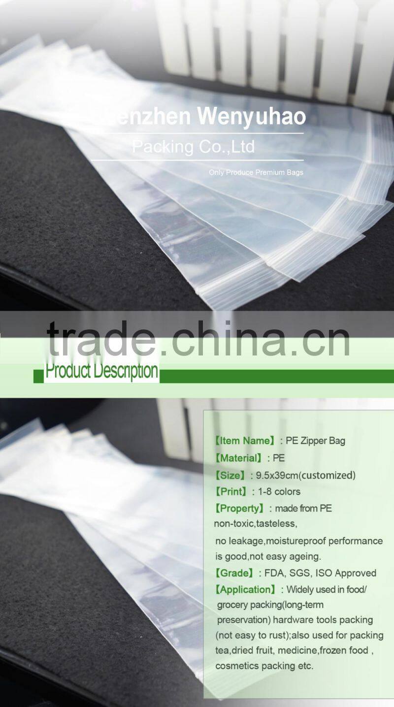 transparent custom size packing bag , high quality heat seal PE plastic zipper bag