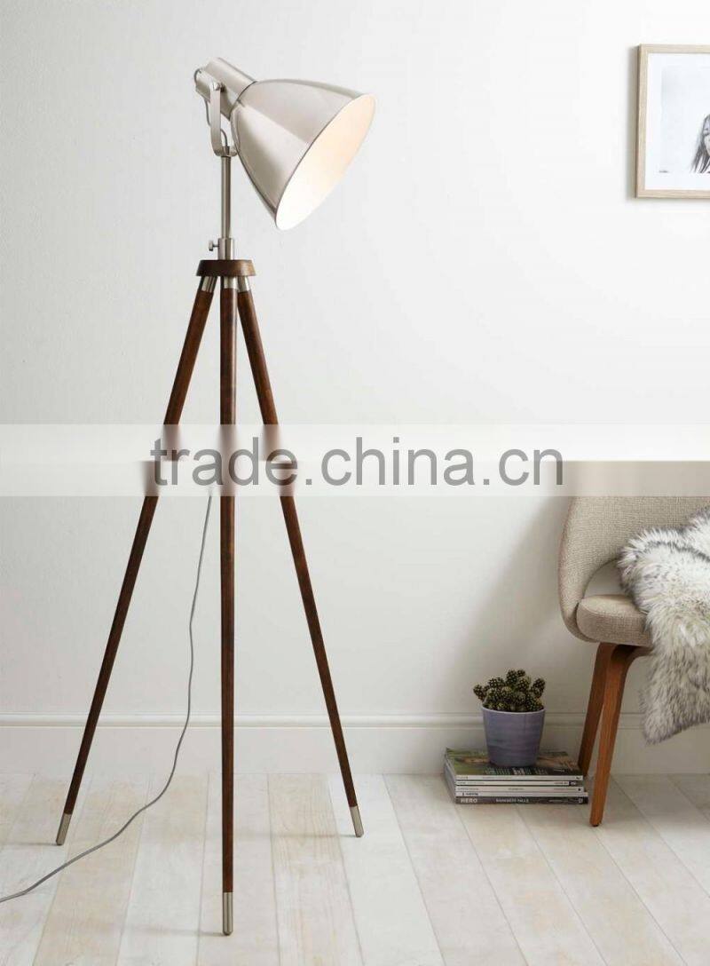 0403-13 a vintage and industrial feel a dark stained wood frame and steel details camera floor lamp