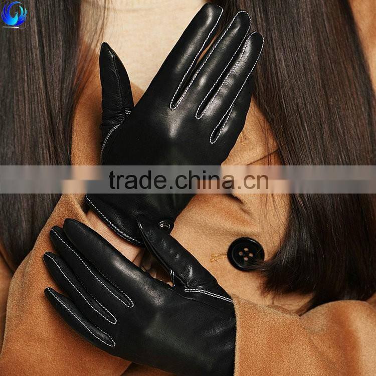 2016 new style ladies cashmere lined black genuine sheepskin leather touch gloves