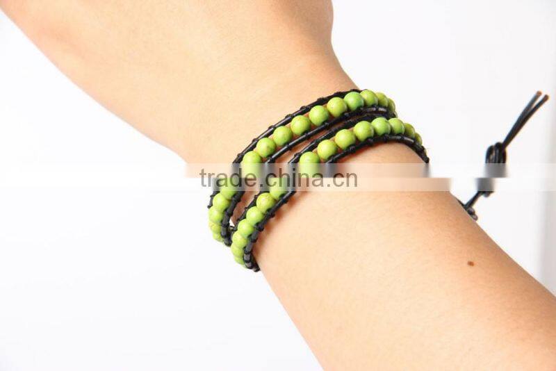 6mm natural green turquoise stone bracelet, genuine stone bracelet, handmade woven leather bracelet