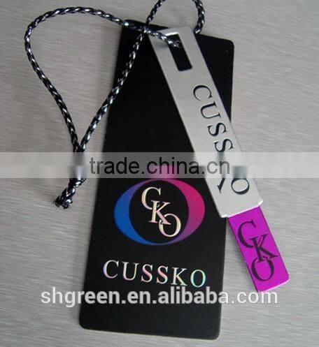 Hot stamping silver white paper hangtag with plastic string tag