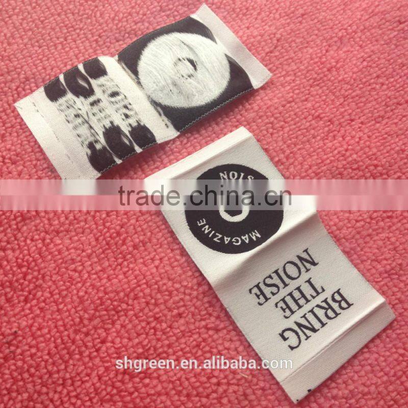soft white satin woven label with silver metallic logo
