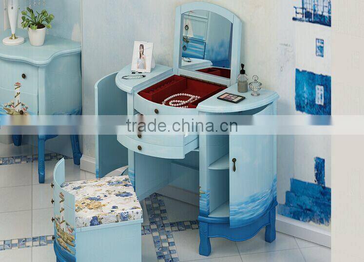 Mediterranean Style Dresser, Sailing Boat Handpainting Dressing Table and Chair, Wooden Multifunctional Dresser (BF01-X1155)