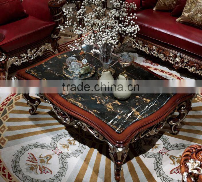Luxury European style solid wood flower hand carving genuine leather sofa set