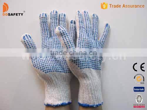 DDSAFETY 2017 Bleach Cotton Polyester Gloves String Knit Working Gloves Blue PVC Dots Gloves Both Sides