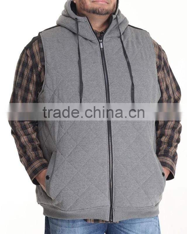 Draw-strings for hood adjustment hoodie vest Quilted fleece construction Sleeveless vest hand pockets with Zipper