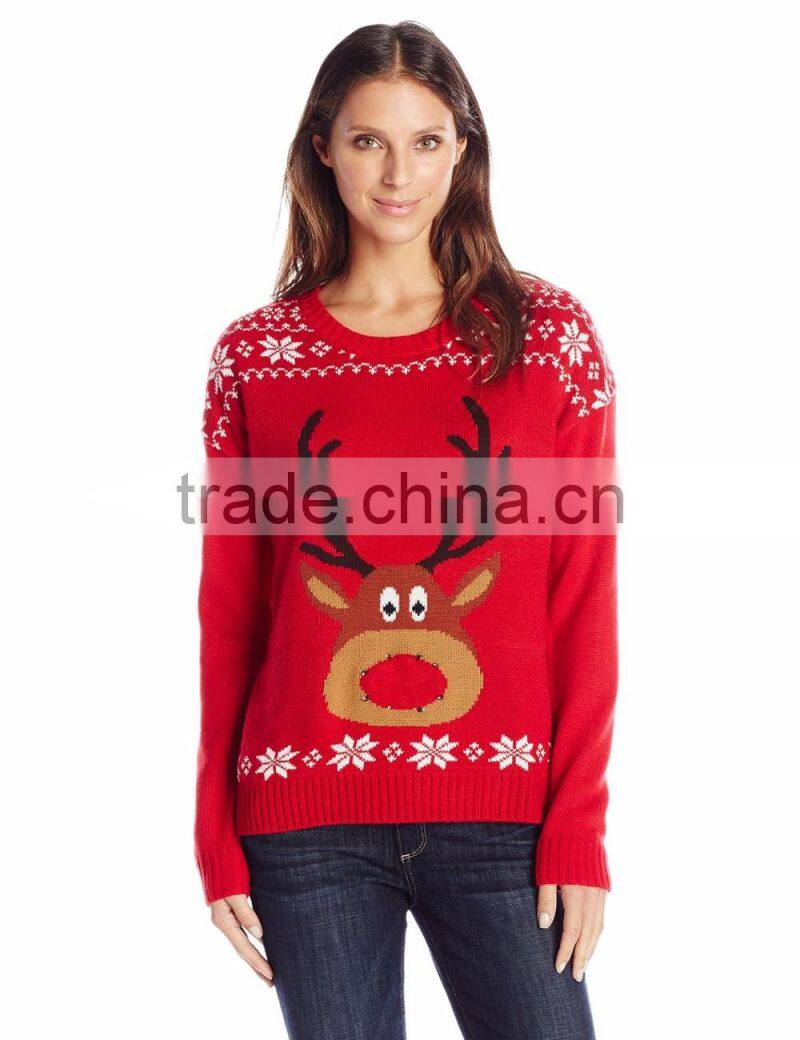 Women Red Sweater Reindeer Head Pattern Christmas Pullover