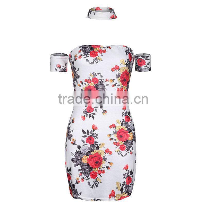 New Sexy Off Shoulder Dresses Women Summer Flowers Bodycon Party Dresses With Choker