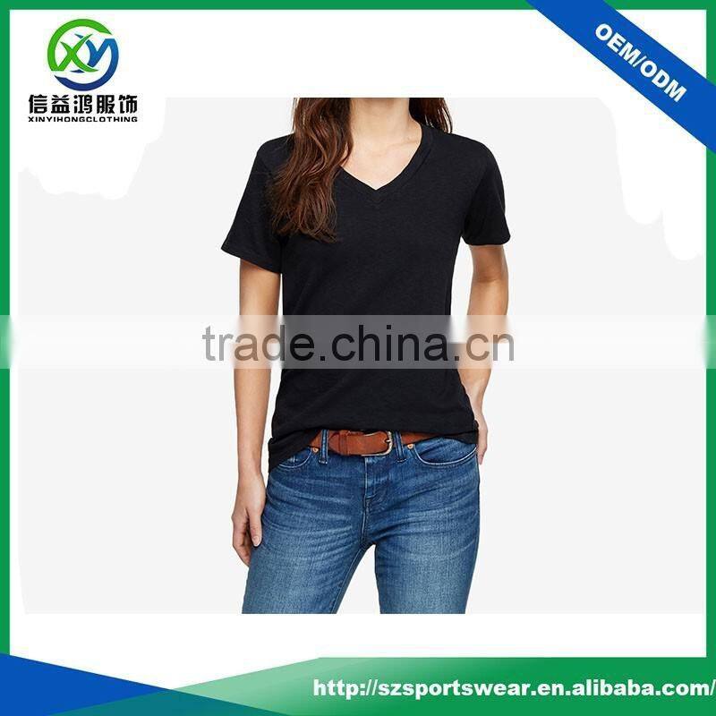 2017 Latest shirt designs black color v neck bamboo t shirt for women