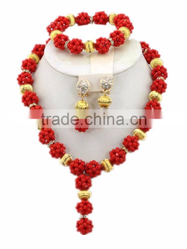 Gold-Plated Ball Crystal Beads Y shape Necklace African Jewelry Set