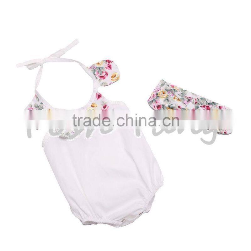 Wholesale Floral print romper hot selling costumes baby romper 100% cotton summer jumpsuit with headband