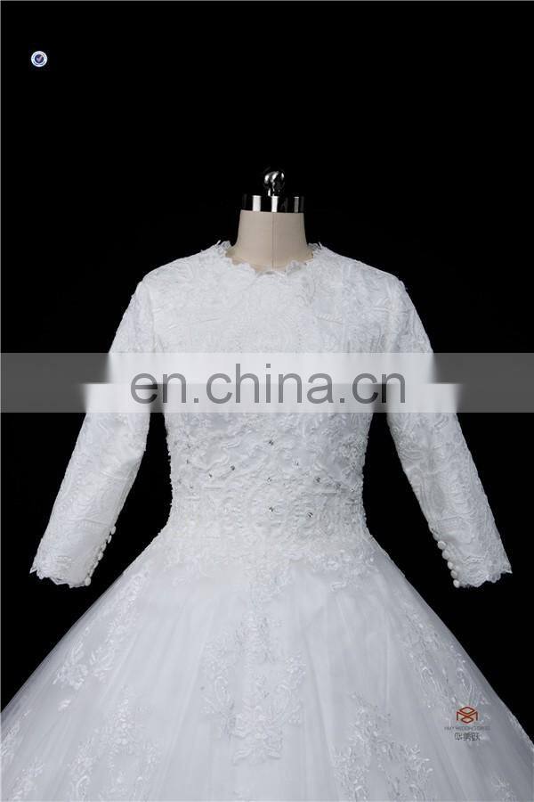 HMY-E0363 Scoop Neckline Heavily Appliqued Lace Floor Length Muslim Long Sleeve Wedding Gown 2016