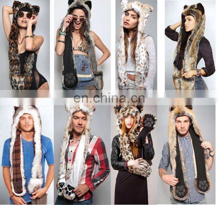 Plush Brown Bear Spirit Hoods Furry Animal Plush Hats With Mittens