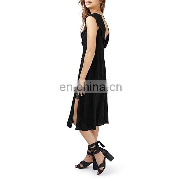 Wholesale Women Clothes Sexy Black Color Lace Trim Flutter Sleeve Midi Dress